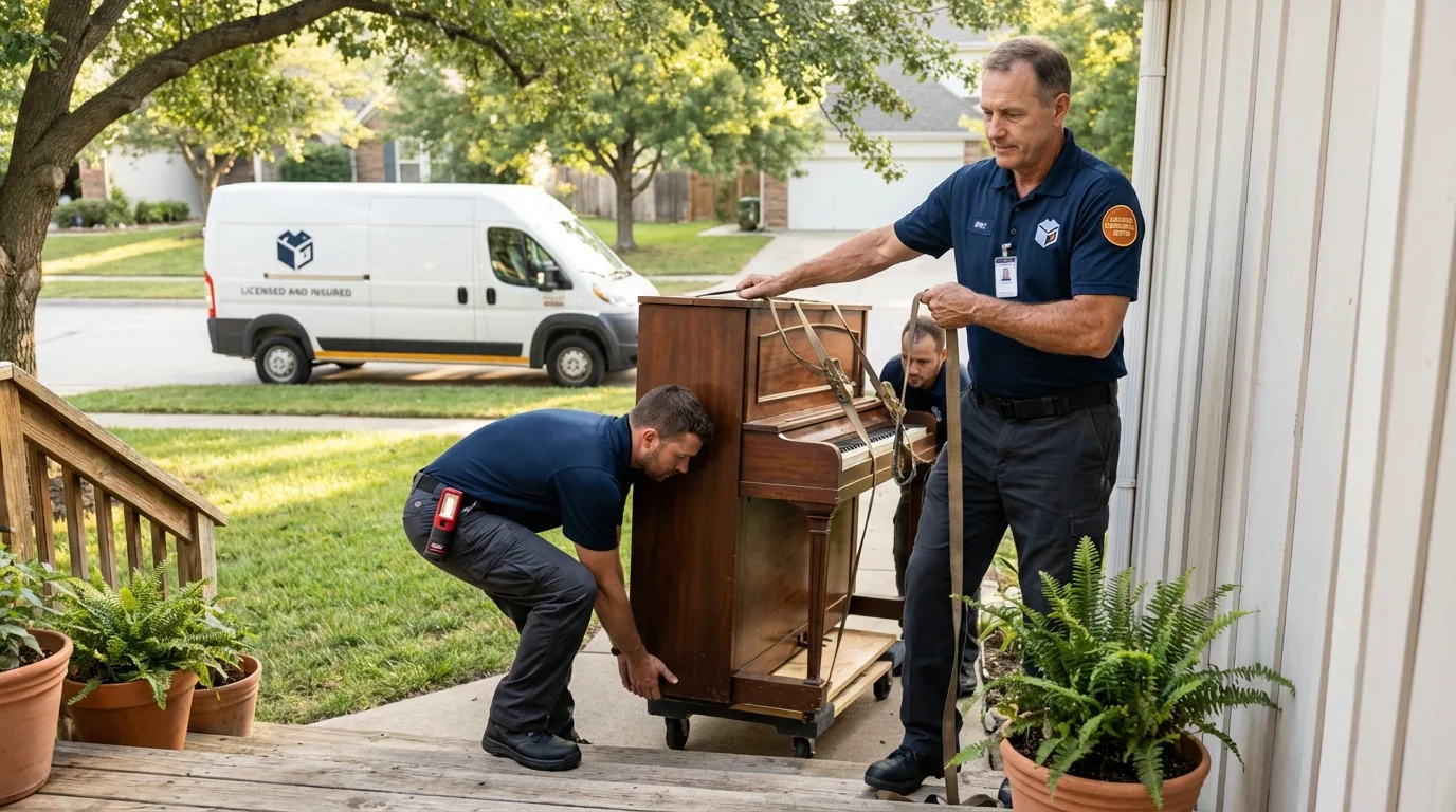 Licensed piano movers securing grand piano in Reading, PA