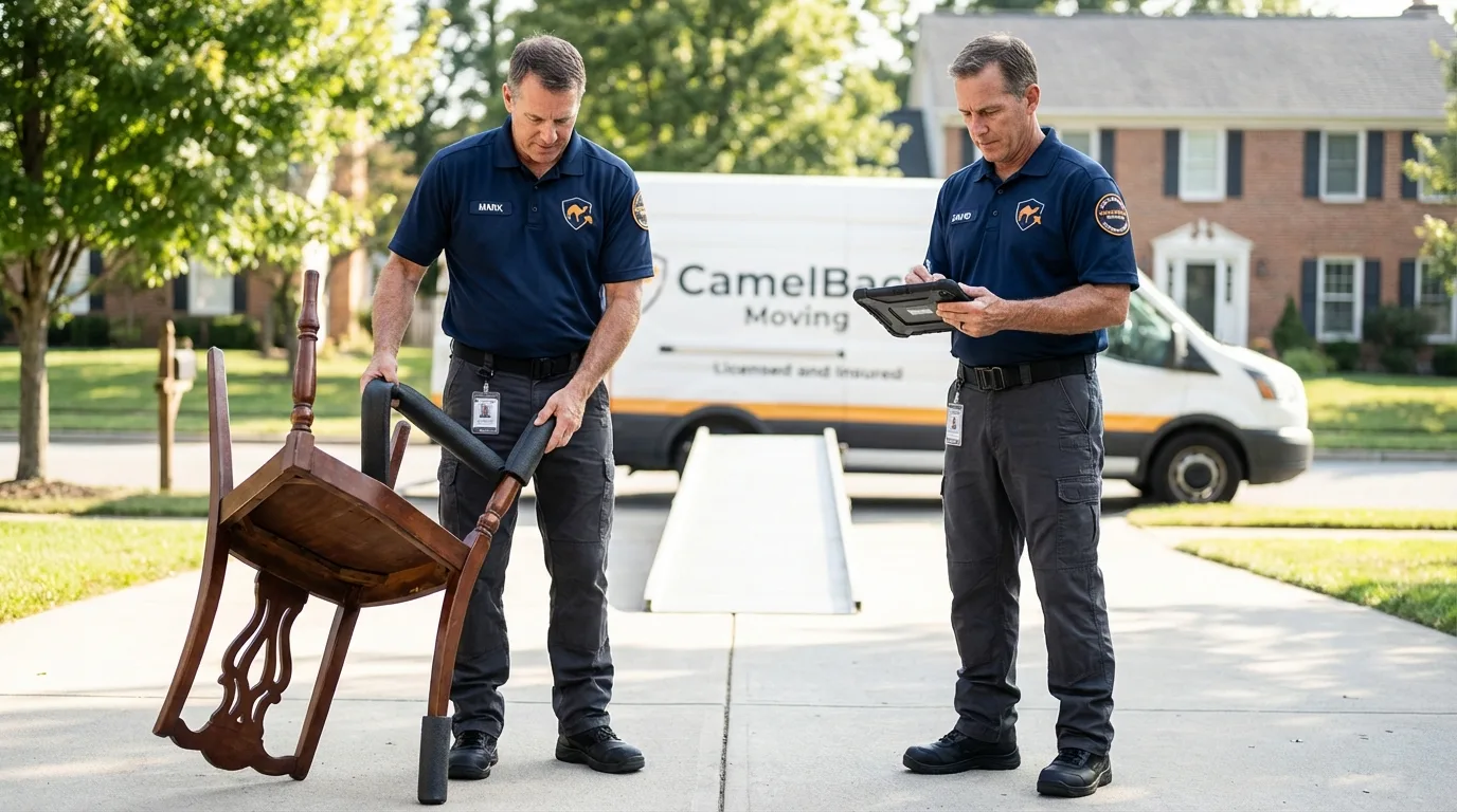 Movers inspecting furniture for damage prevention before loading in Reading, PA