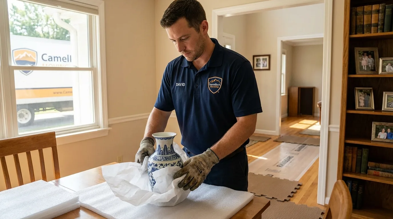 Professional crew carefully wrapping antique vase for senior downsizing move in Reading, PA
